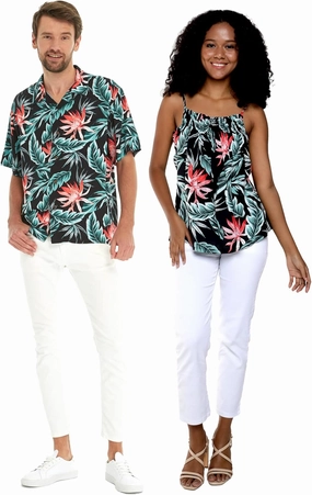 Matchable Couple Hawaiian Luau Shirt or Spaghetti Strap Top in Blooming Lily Black