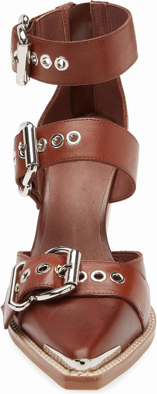 MAVMAX Strappy Heels Western Sandals for Women Chunky Heel Pumps Thick Closed Pointed Toe Heels Metal Buckle Strappy Shoes