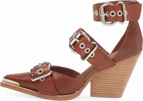 MAVMAX Strappy Heels Western Sandals for Women Chunky Heel Pumps Thick Closed Pointed Toe Heels Metal Buckle Strappy Shoes