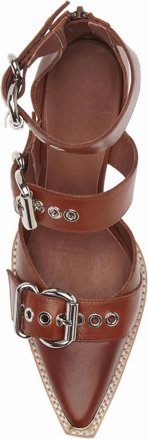 MAVMAX Strappy Heels Western Sandals for Women Chunky Heel Pumps Thick Closed Pointed Toe Heels Metal Buckle Strappy Shoes