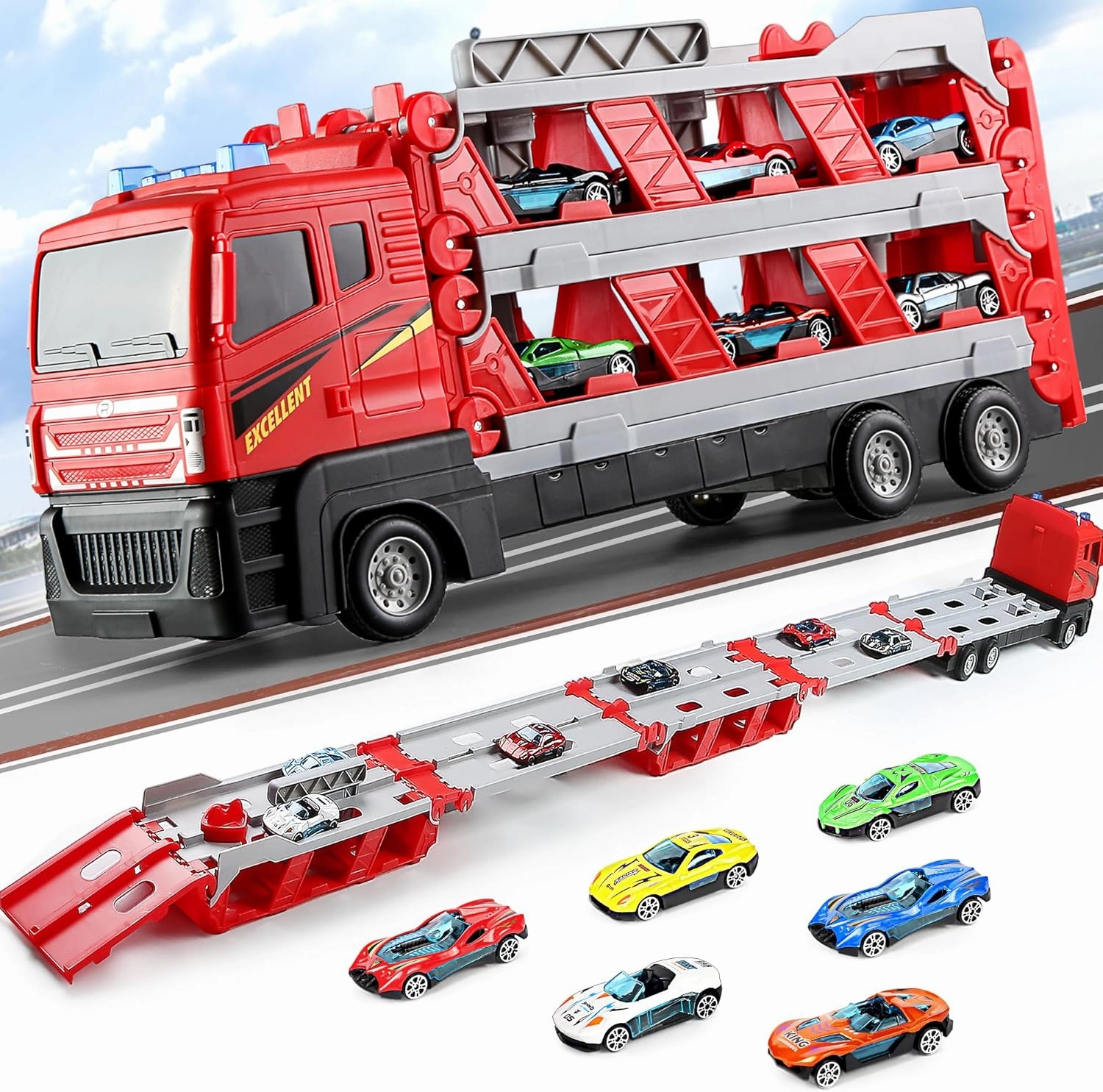 Mega Hauler Truck with Ejection Race Track, Boys Toys Age 4-6, Toddler Toy Trucks with Race Car Track, Toys for Ages 5-7, Toy Truck with 6 Mini Die-Cast Cars, Boy Toy for 3 4 5 6