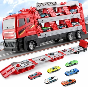 Mega Hauler Truck with Ejection Race Track, Boys Toys Age 4-6, Toddler Toy Trucks with Race Car Track, Toys for Ages 5-7, Toy Truck with 6 Mini Die-Cast Cars, Boy Toy for 3 4 5 6
