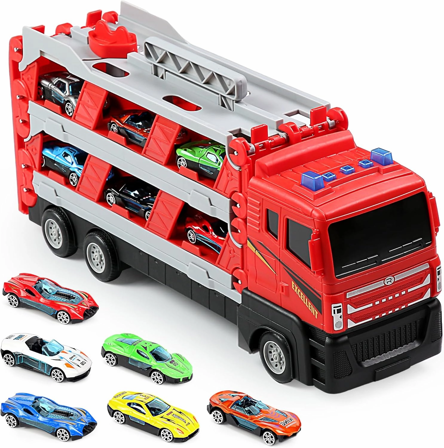 Mega Hauler Truck with Ejection Race Track, Boys Toys Age 4-6, Toddler Toy Trucks with Race Car Track, Toys for Ages 5-7, Toy Truck with 6 Mini Die-Cast Cars, Boy Toy for 3 4 5 6