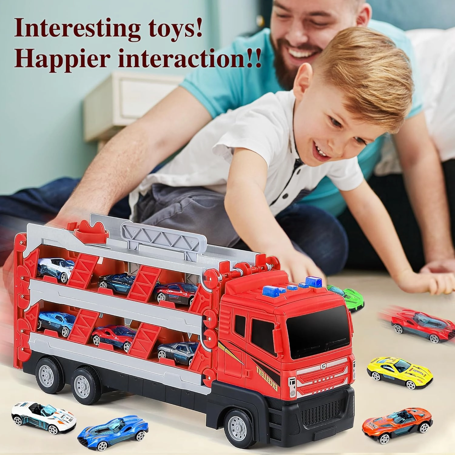 Mega Hauler Truck with Ejection Race Track, Boys Toys Age 4-6, Toddler Toy Trucks with Race Car Track, Toys for Ages 5-7, Toy Truck with 6 Mini Die-Cast Cars, Boy Toy for 3 4 5 6
