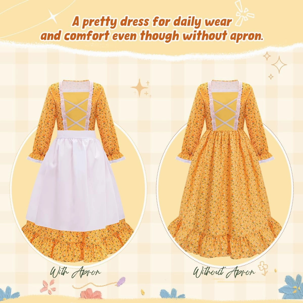 Meland Pioneer Girl Dress, Colonial Costume for Girls Age 3-12 Year Old for Dress Up & Pretend Play