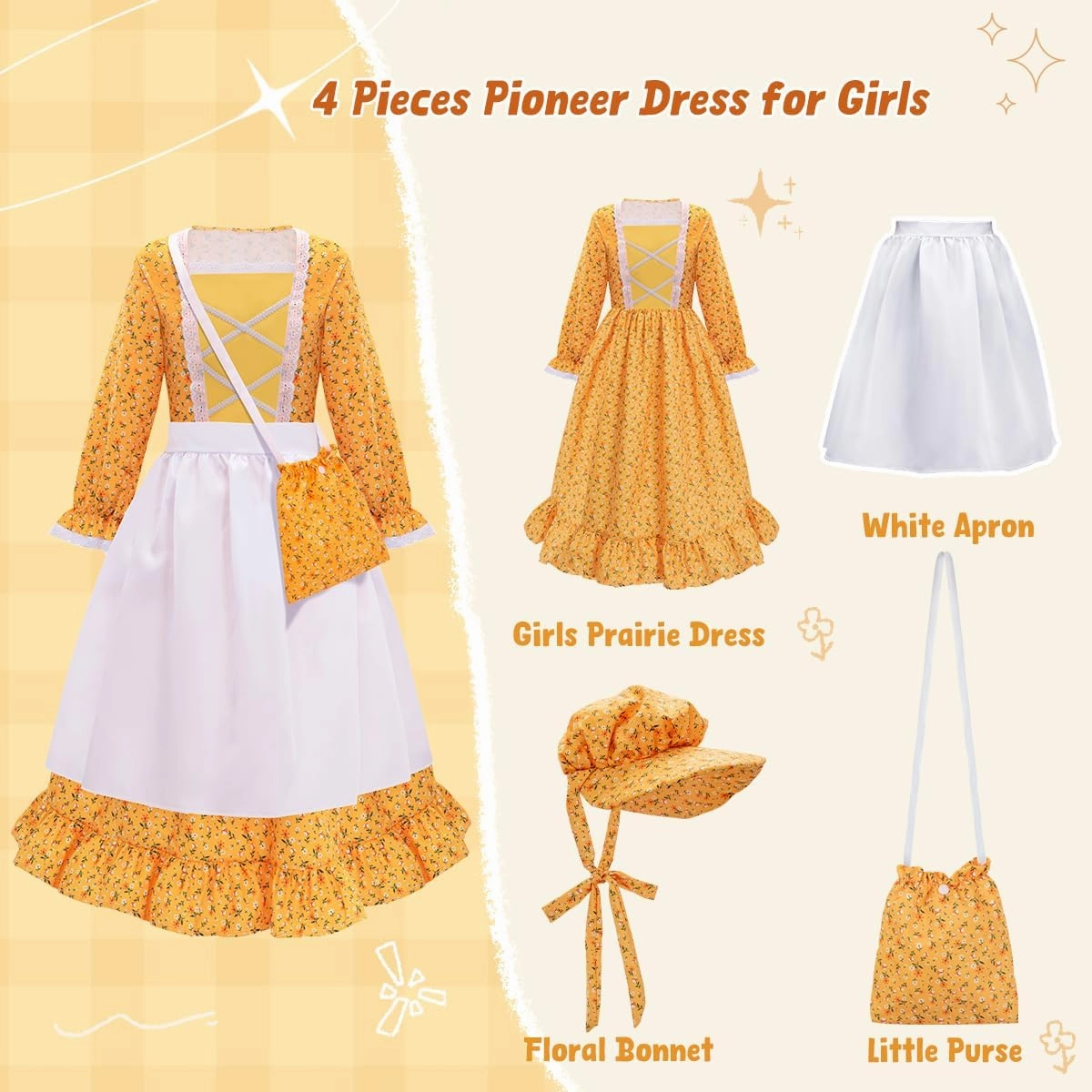 Meland Pioneer Girl Dress, Colonial Costume for Girls Age 3-12 Year Old for Dress Up & Pretend Play