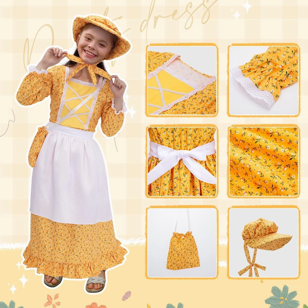 Meland Pioneer Girl Dress, Colonial Costume for Girls Age 3-12 Year Old for Dress Up & Pretend Play