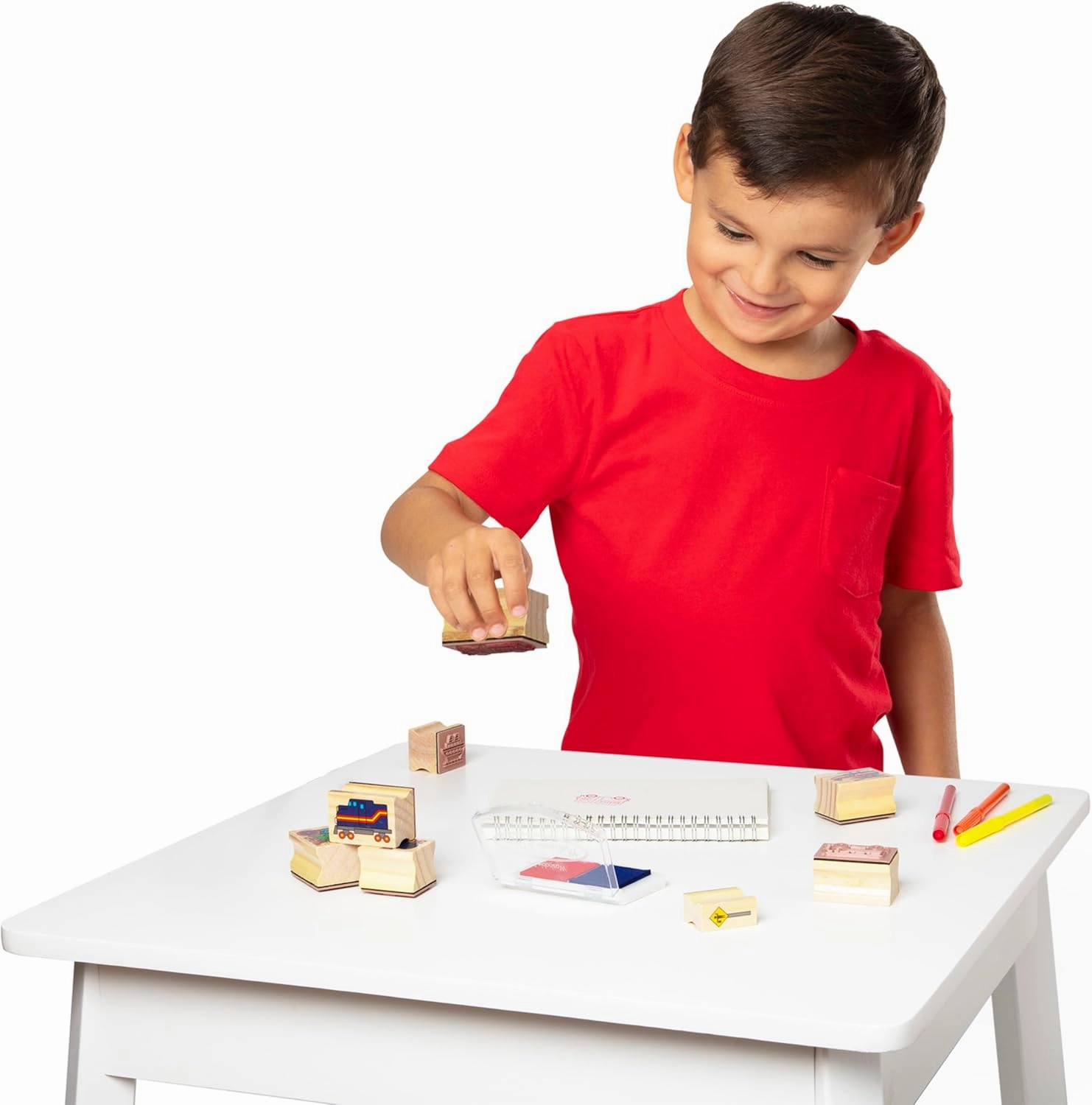 Melissa & Doug Deluxe Wooden Stamp and Coloring Set – Vehicles (30 Stamps, 6 Markers, 2 Durable 2-Color Stamp Pads)