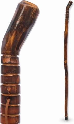 Men Women Senior Citizen Nature Wood Walking Stick - Wooden Hiking Stick and Trekking Pole with Leather Wrist Strap Brown Grooved Handle Desing Walking Stick