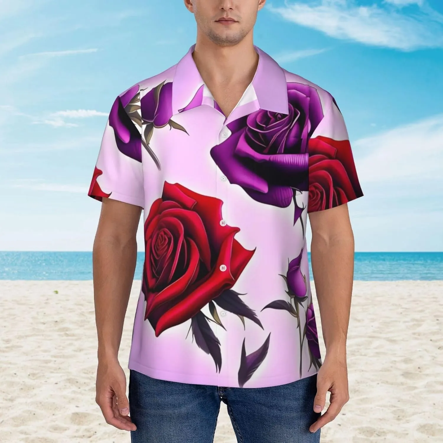 Men's Hawaiian Shirt Red and Purple Roses Short Sleeve Button Down Tropical Holiday Beach Vacation Shirt