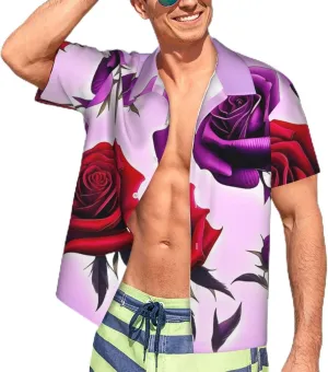 Men's Hawaiian Shirt Red and Purple Roses Short Sleeve Button Down Tropical Holiday Beach Vacation Shirt
