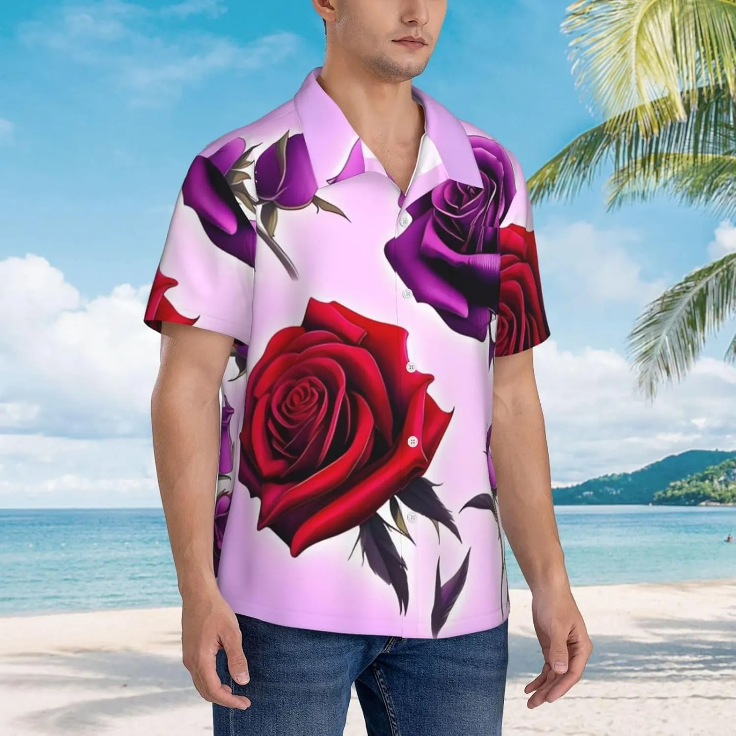 Men's Hawaiian Shirt Red and Purple Roses Short Sleeve Button Down Tropical Holiday Beach Vacation Shirt