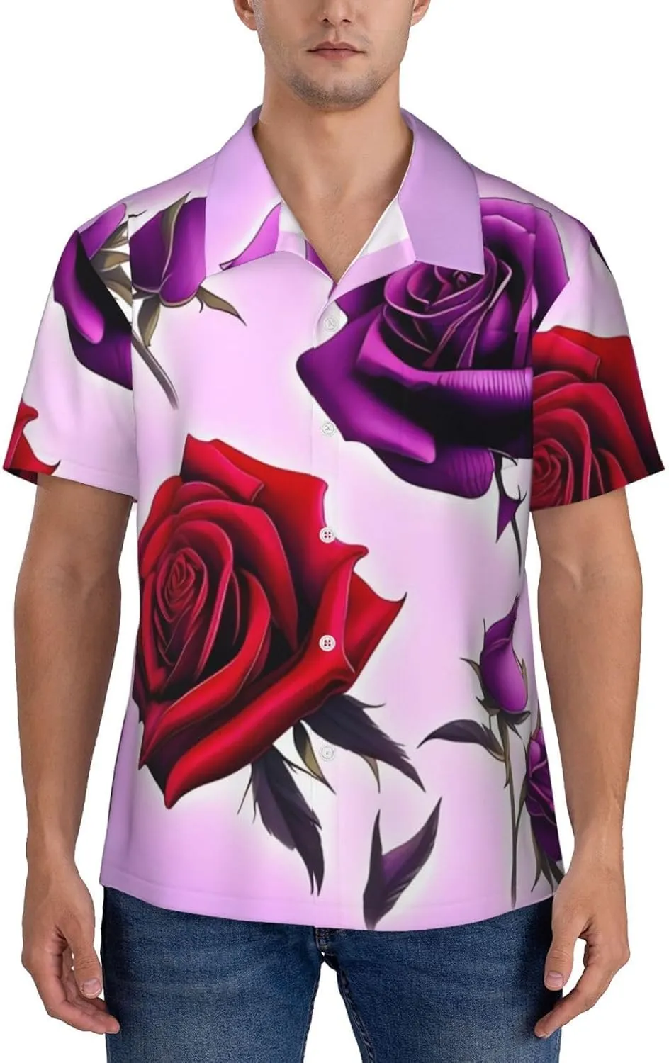 Men's Hawaiian Shirt Red and Purple Roses Short Sleeve Button Down Tropical Holiday Beach Vacation Shirt