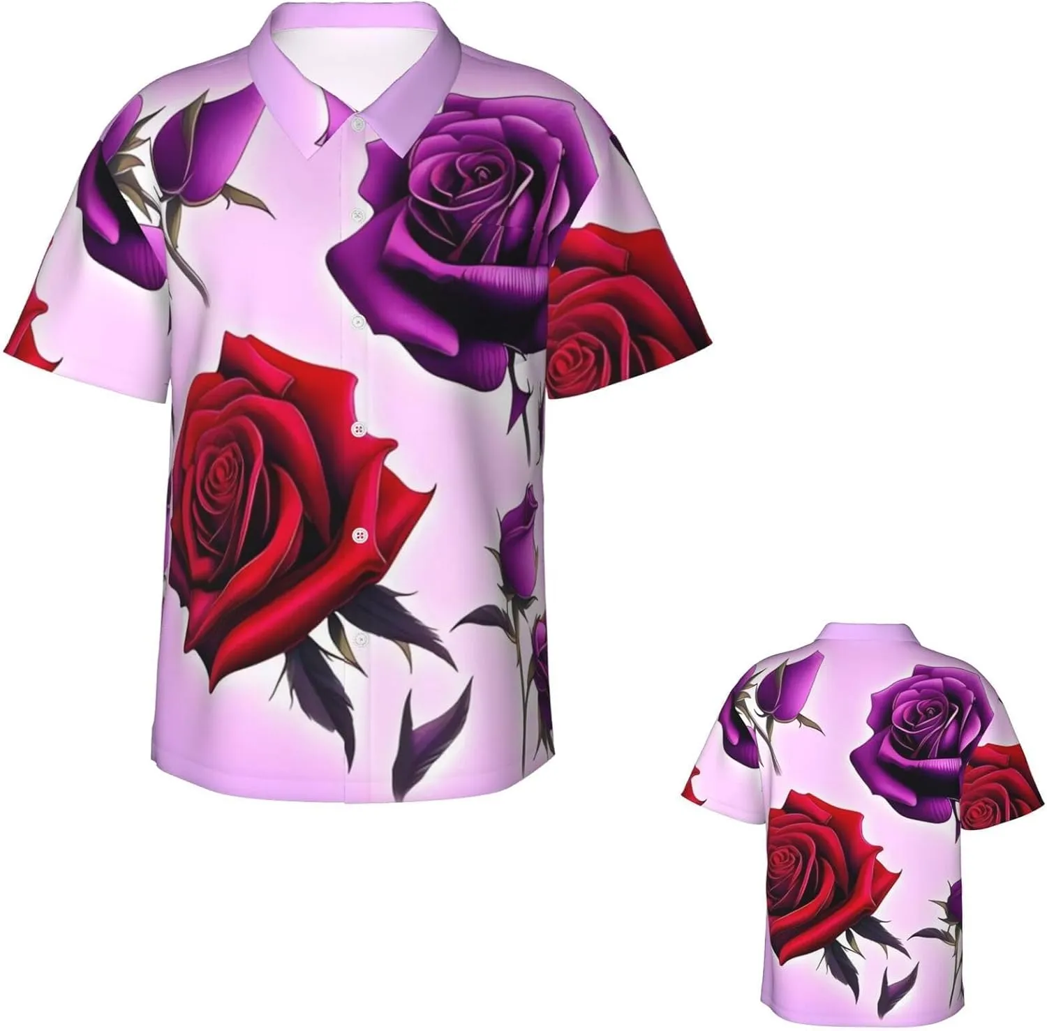 Men's Hawaiian Shirt Red and Purple Roses Short Sleeve Button Down Tropical Holiday Beach Vacation Shirt