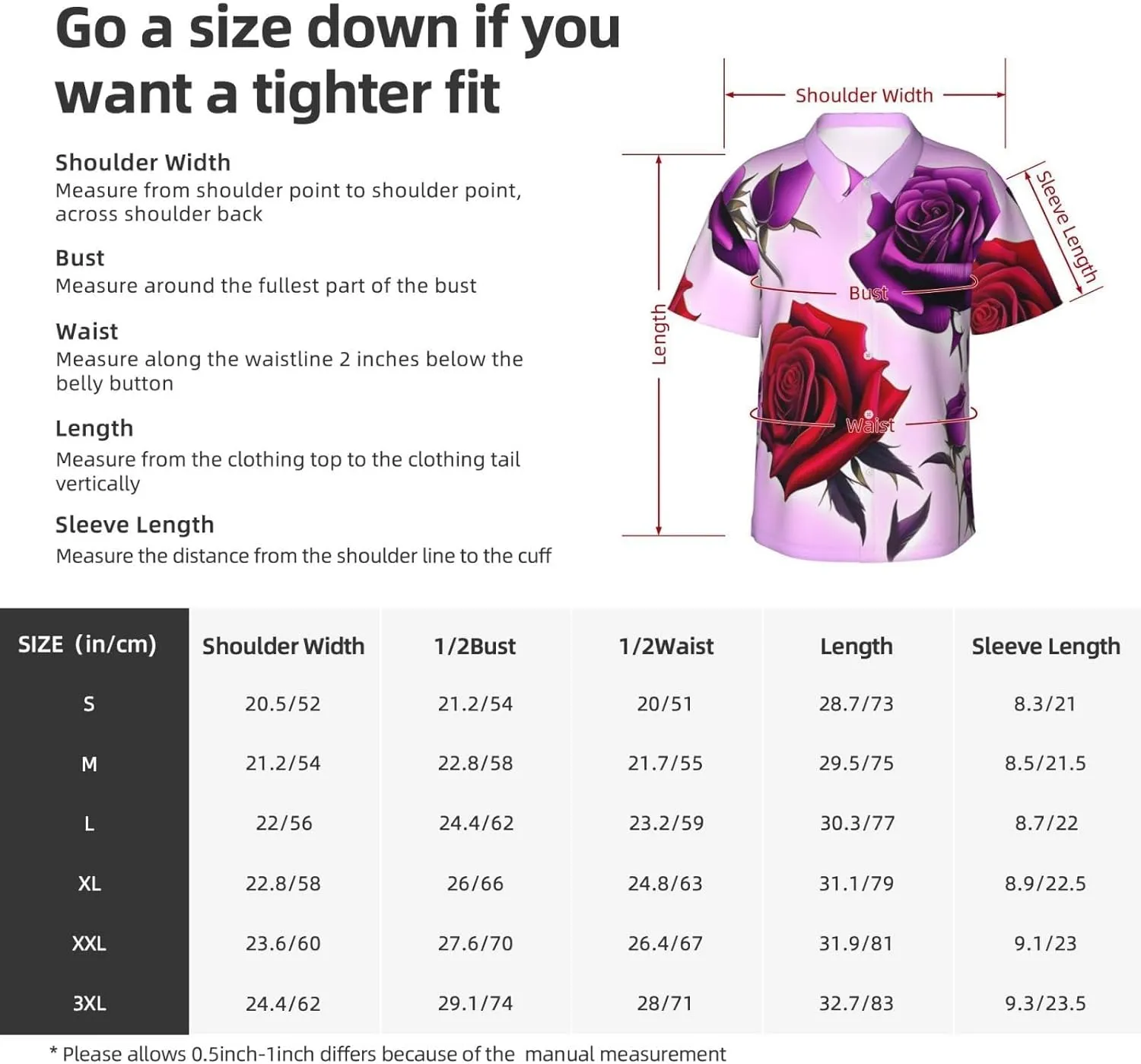 Men's Hawaiian Shirt Red and Purple Roses Short Sleeve Button Down Tropical Holiday Beach Vacation Shirt