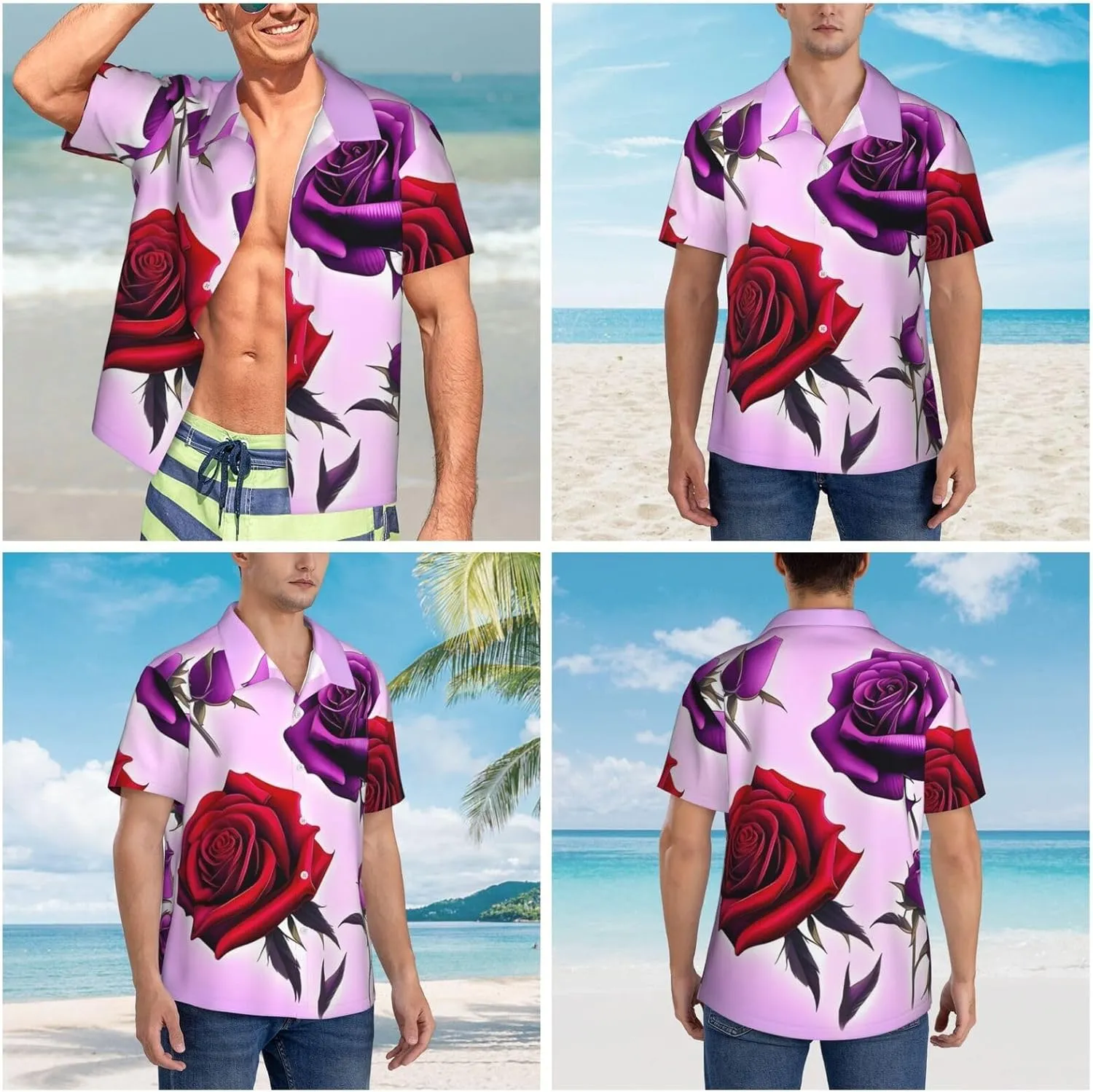 Men's Hawaiian Shirt Red and Purple Roses Short Sleeve Button Down Tropical Holiday Beach Vacation Shirt