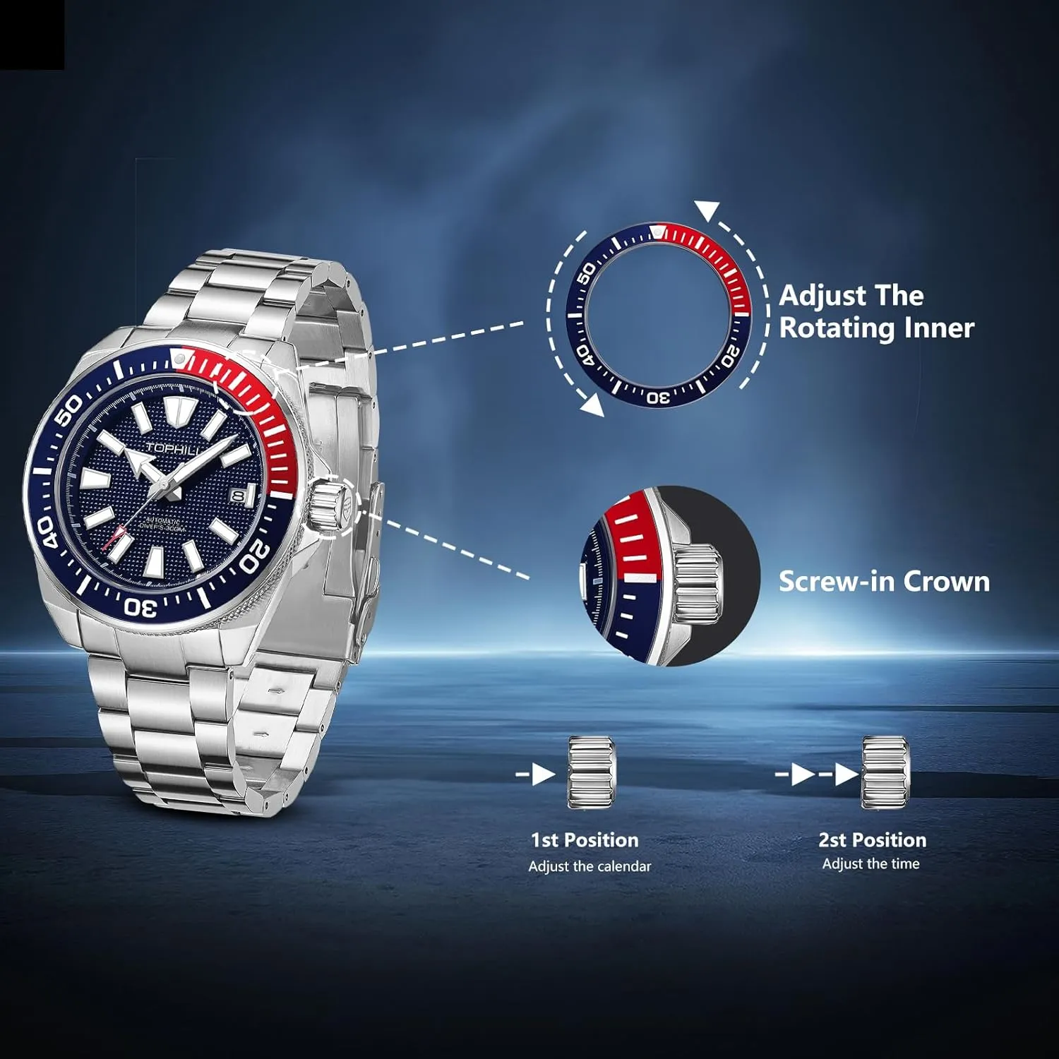 Men's Mechanical Watch 30ATM 43.5mm Dive Watch for Men Japan NH35 Movement Sapphire Super C3 Luminous Calendar Automatic Watch for Men TD008G