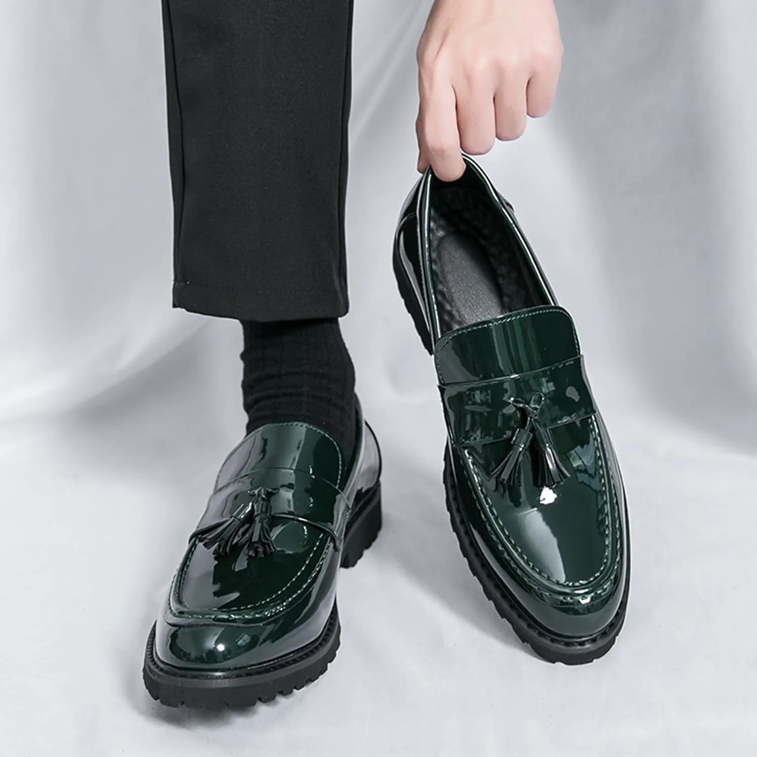 Men's Tassels Patent Leather Slip-On Loafers Block Heel Non-Slip Lug Sole Dress Oxfords Comfortable Round Toe Casual Penny Formal Shoes