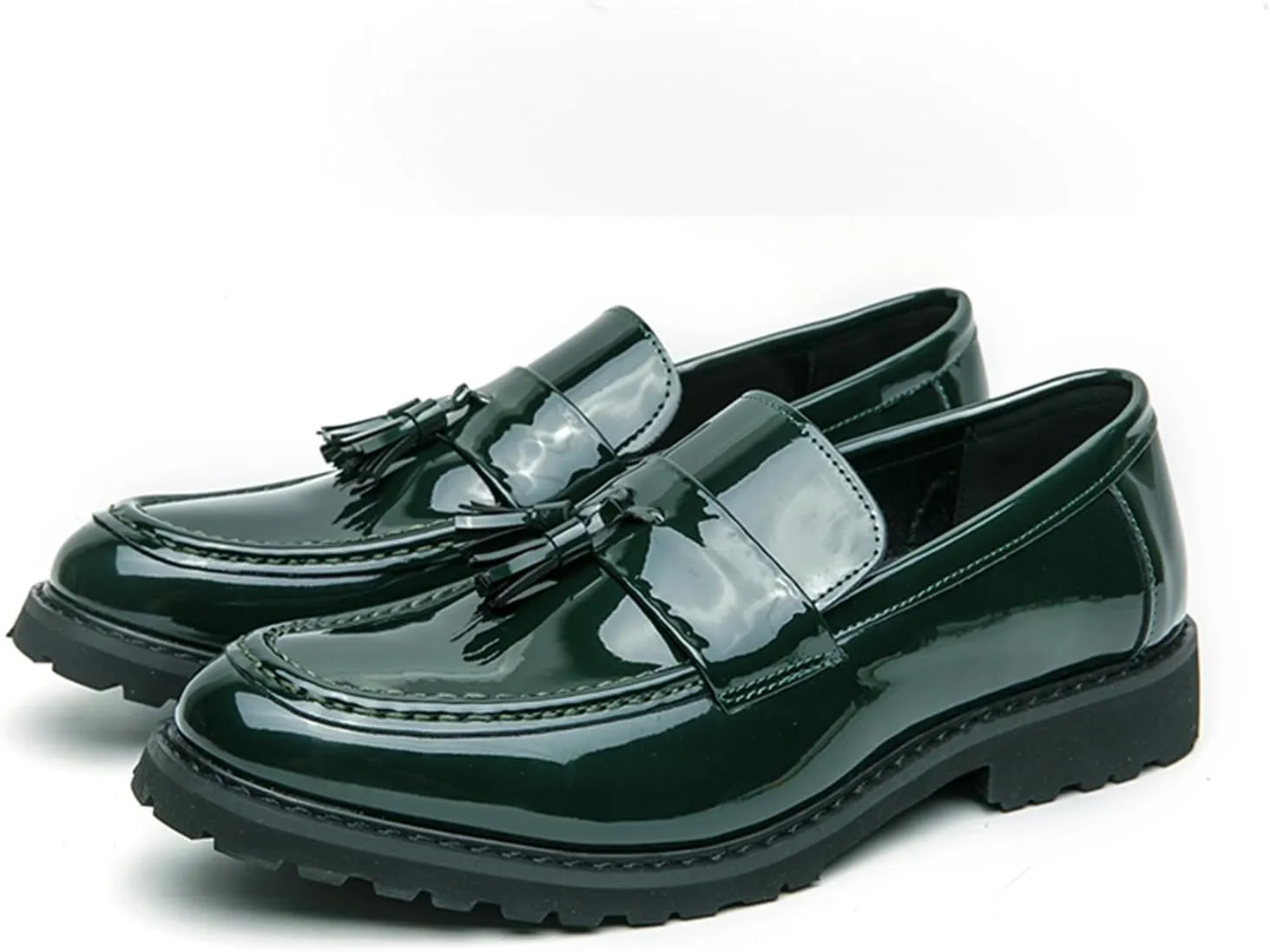 Men's Tassels Patent Leather Slip-On Loafers Block Heel Non-Slip Lug Sole Dress Oxfords Comfortable Round Toe Casual Penny Formal Shoes