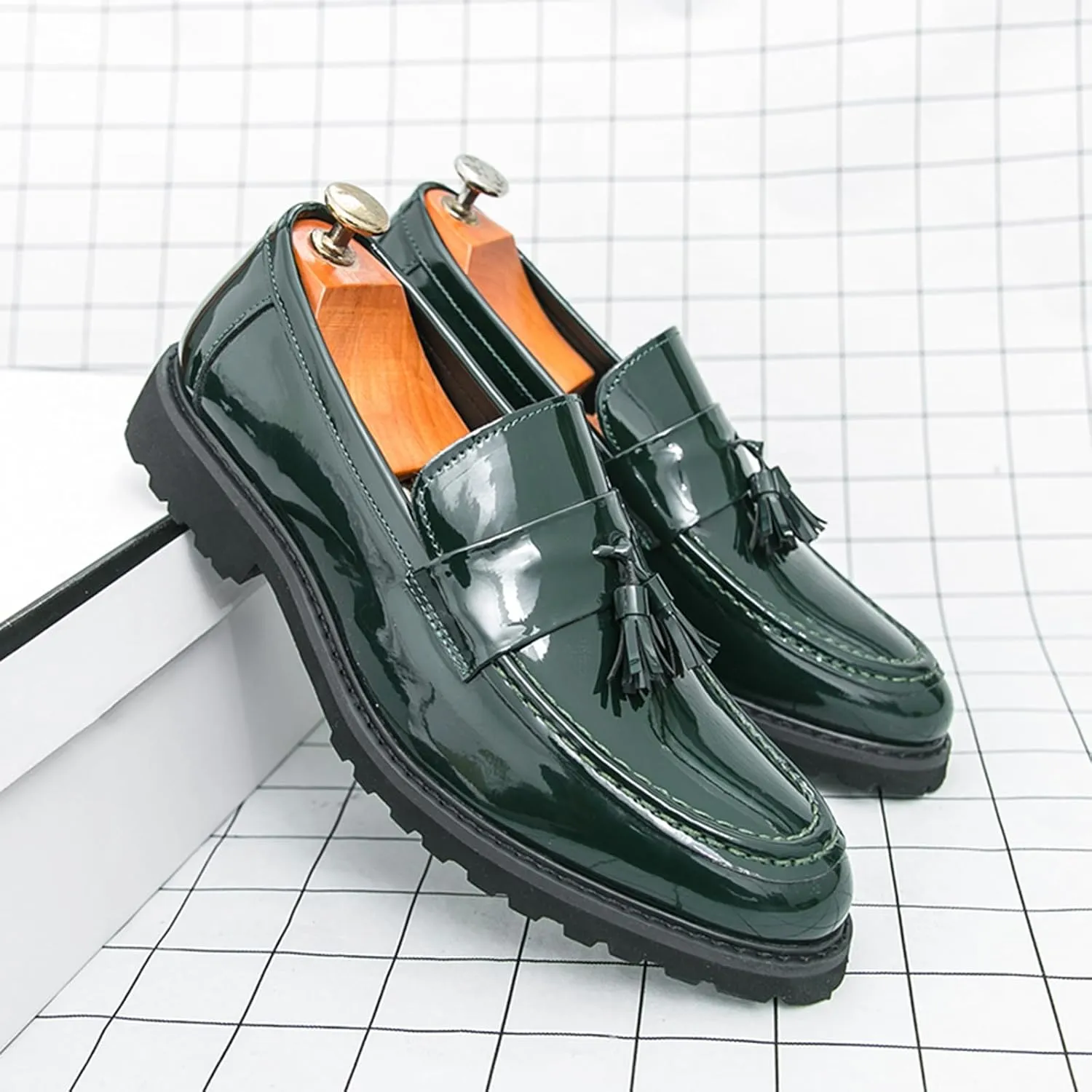 Men's Tassels Patent Leather Slip-On Loafers Block Heel Non-Slip Lug Sole Dress Oxfords Comfortable Round Toe Casual Penny Formal Shoes