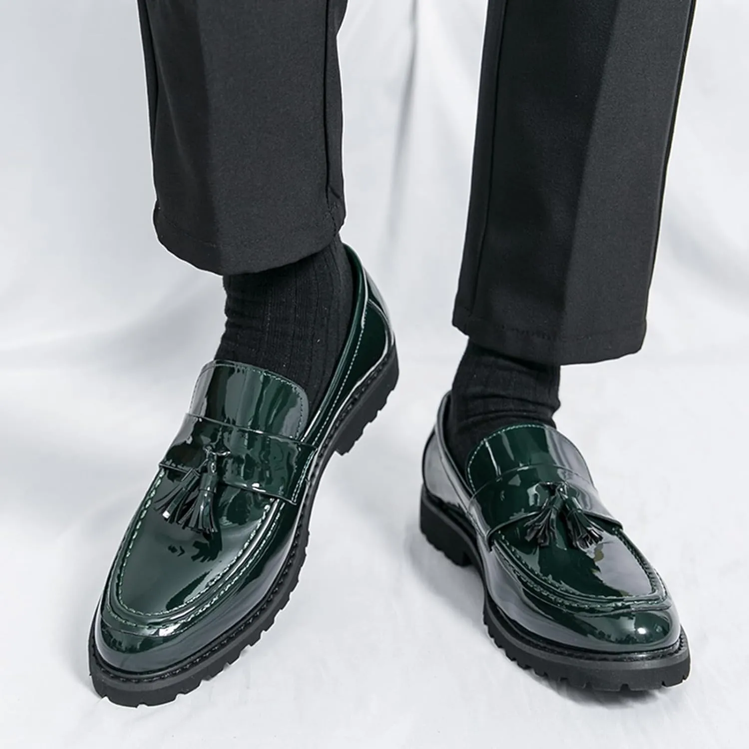 Men's Tassels Patent Leather Slip-On Loafers Block Heel Non-Slip Lug Sole Dress Oxfords Comfortable Round Toe Casual Penny Formal Shoes