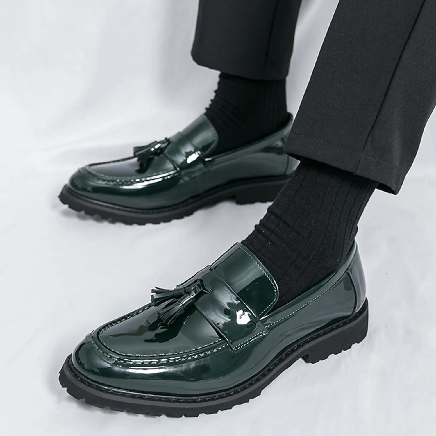 Men's Tassels Patent Leather Slip-On Loafers Block Heel Non-Slip Lug Sole Dress Oxfords Comfortable Round Toe Casual Penny Formal Shoes