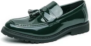 Men's Tassels Patent Leather Slip-On Loafers Block Heel Non-Slip Lug Sole Dress Oxfords Comfortable Round Toe Casual Penny Formal Shoes