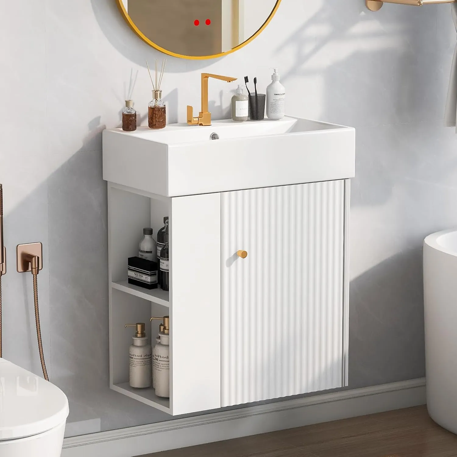 Merax 20" White Bathroom Vanity, Wall Mounted Floating Vanity with Doors & Open Shelf, Bathroom Storage Cabinet with White Ceramic Integrated Sink