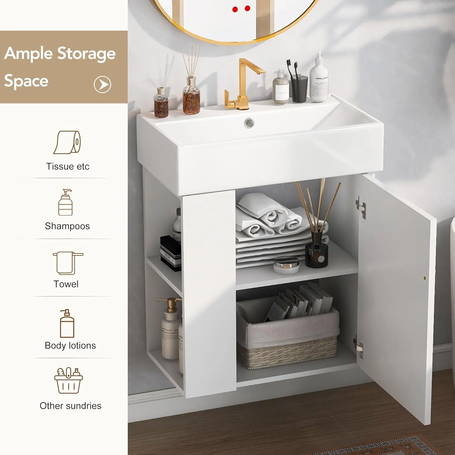 Merax 20" White Bathroom Vanity, Wall Mounted Floating Vanity with Doors & Open Shelf, Bathroom Storage Cabinet with White Ceramic Integrated Sink