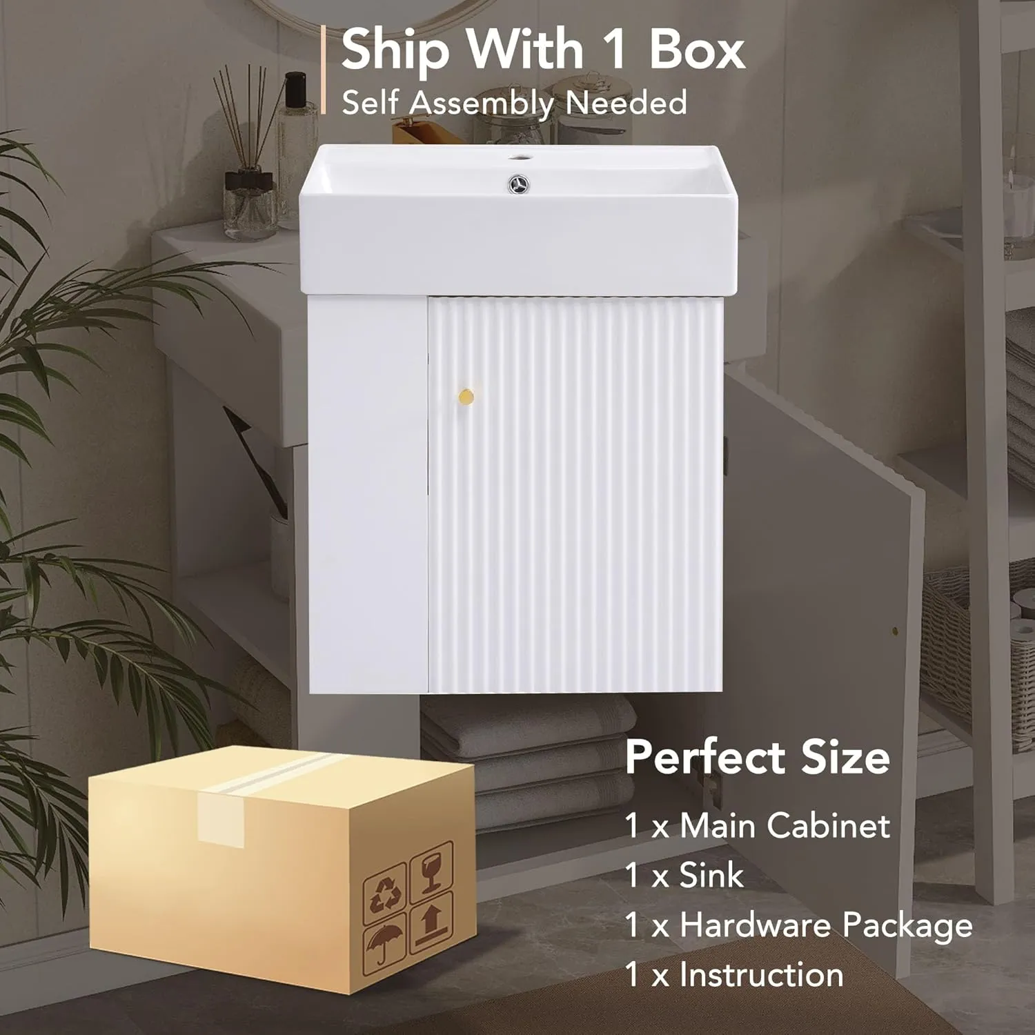 Merax 20" White Bathroom Vanity, Wall Mounted Floating Vanity with Doors & Open Shelf, Bathroom Storage Cabinet with White Ceramic Integrated Sink