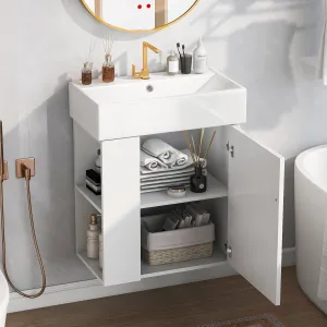 Merax 20" White Bathroom Vanity, Wall Mounted Floating Vanity with Doors & Open Shelf, Bathroom Storage Cabinet with White Ceramic Integrated Sink