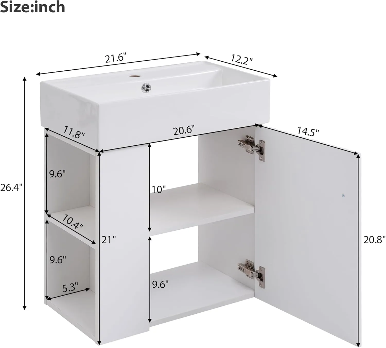 Merax 20" White Bathroom Vanity, Wall Mounted Floating Vanity with Doors & Open Shelf, Bathroom Storage Cabinet with White Ceramic Integrated Sink