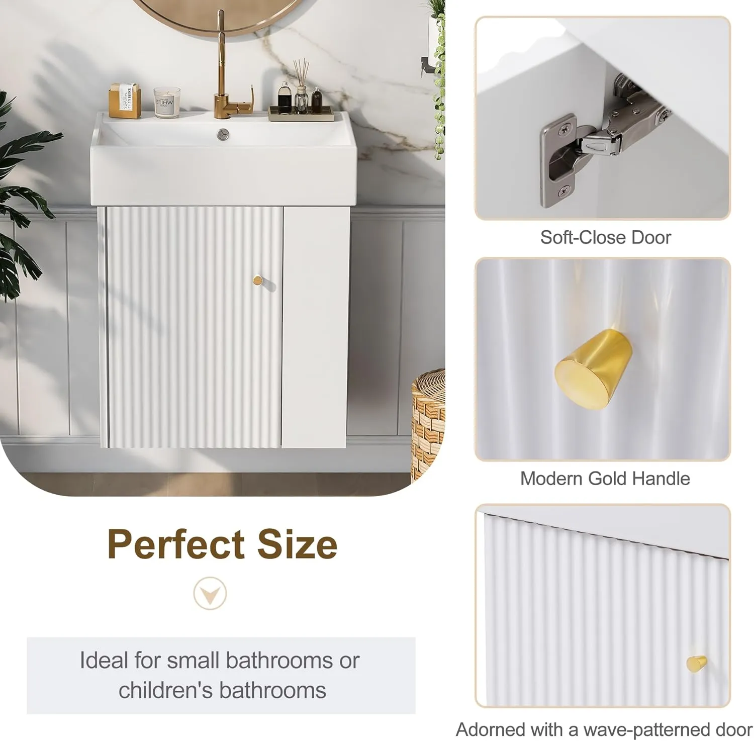 Merax 20" White Bathroom Vanity, Wall Mounted Floating Vanity with Doors & Open Shelf, Bathroom Storage Cabinet with White Ceramic Integrated Sink