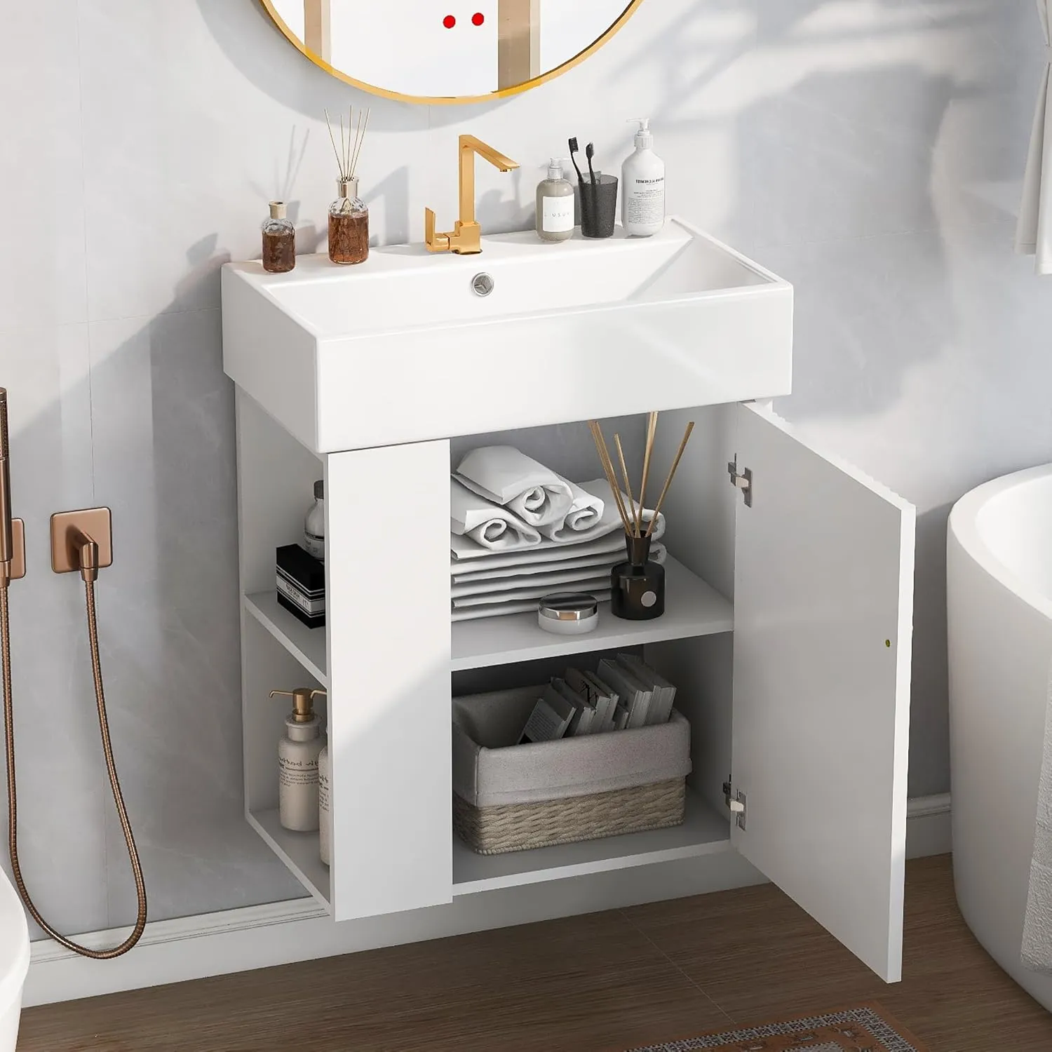 Merax 20" White Bathroom Vanity, Wall Mounted Floating Vanity with Doors & Open Shelf, Bathroom Storage Cabinet with White Ceramic Integrated Sink