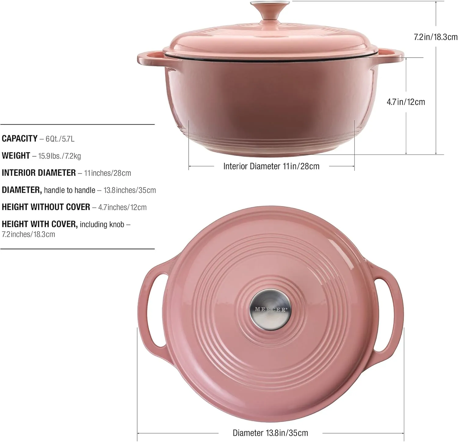 Mercer Culinary Enameled Cast Iron Round Dutch Oven, 6 qt., Pink