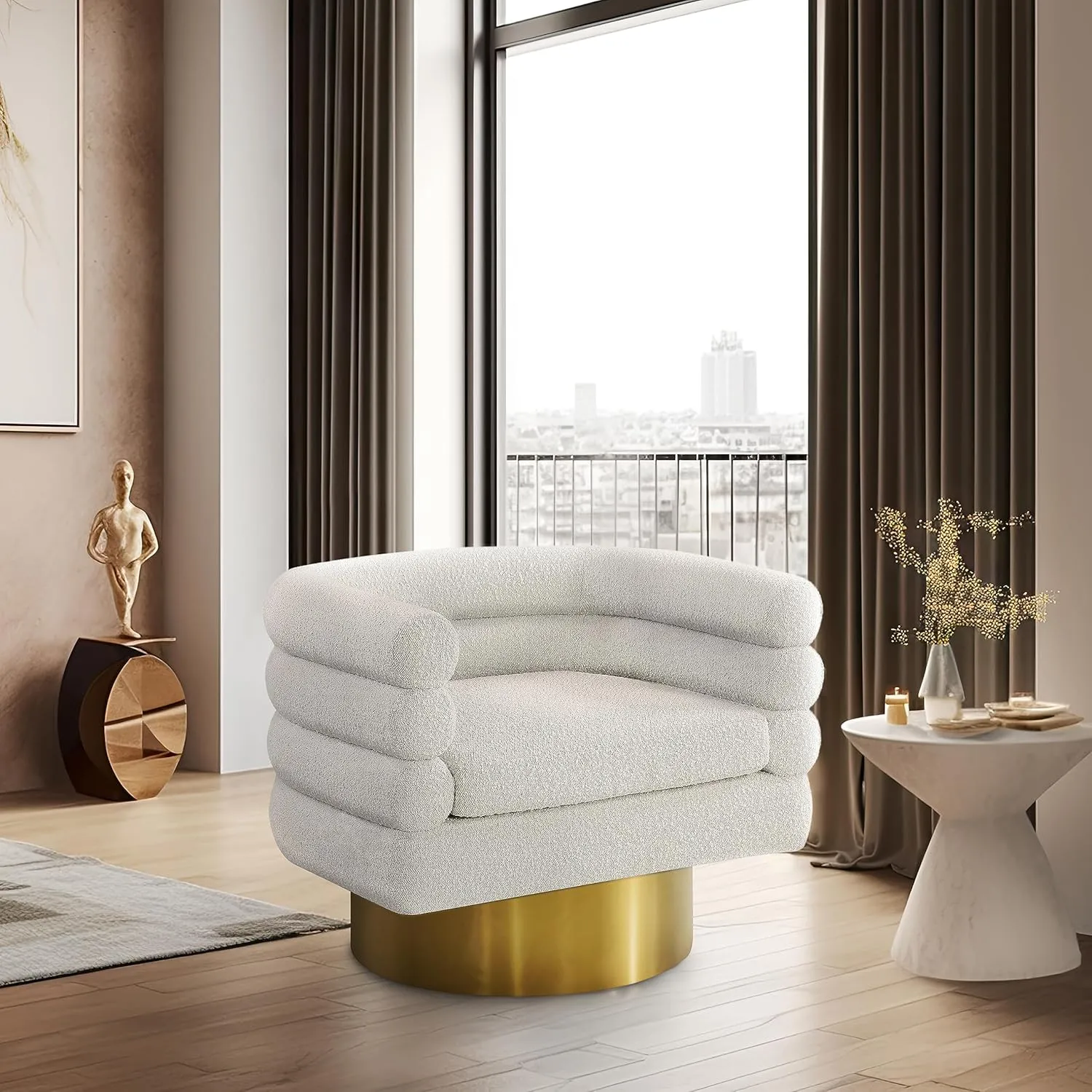 Meridian Furniture 544Cream Tessa Collection Modern | Contemporary Boucle Fabric Upholstered Swivel Accent Chair with Brushed Gold Base and Deep Channel Tufted Back, Cream, 33.5" W x 28" D x 26.5" H