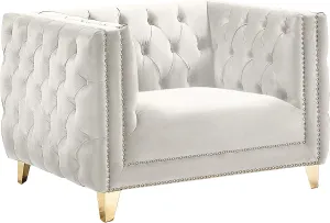 Meridian Furniture 652Cream-C Michelle Collection Modern | Contemporary Chair with Deep Button Tufting, Gold Nailhead Trim and Sturdy Gold Iron Legs, Cream Velvet, 44" W x 34" D x 30" H
