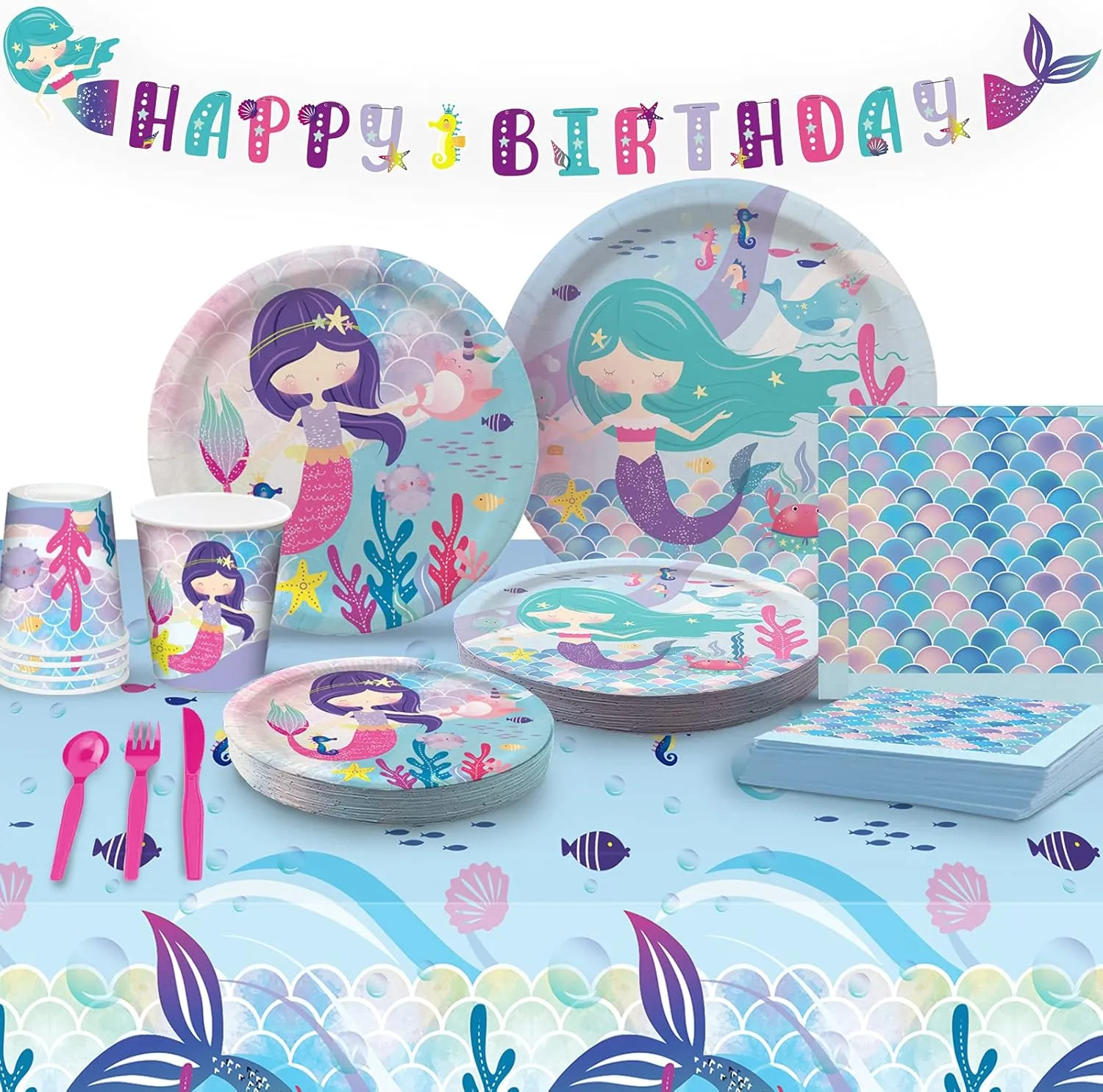 Mermaid Party Supplies Kit - (Serves 16) - Birthday Decorations for Girls - Plates, Cups, Napkins, Happy Birthday Banner, Table Cover, Utensil Sets - Mermaid Bday Theme Set