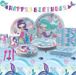 Mermaid Party Supplies Kit - (Serves 16) - Birthday Decorations for Girls - Plates, Cups, Napkins, Happy Birthday Banner, Table Cover, Utensil Sets - Mermaid Bday Theme Set
