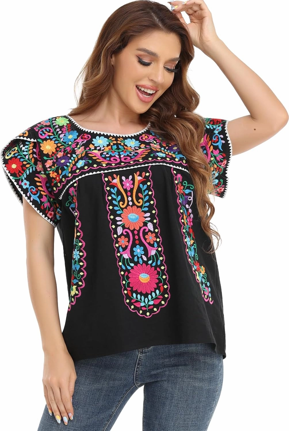 Mexican Shirts for Women Embroidered Tops Traditional Peasant Summer Tunic Blouse