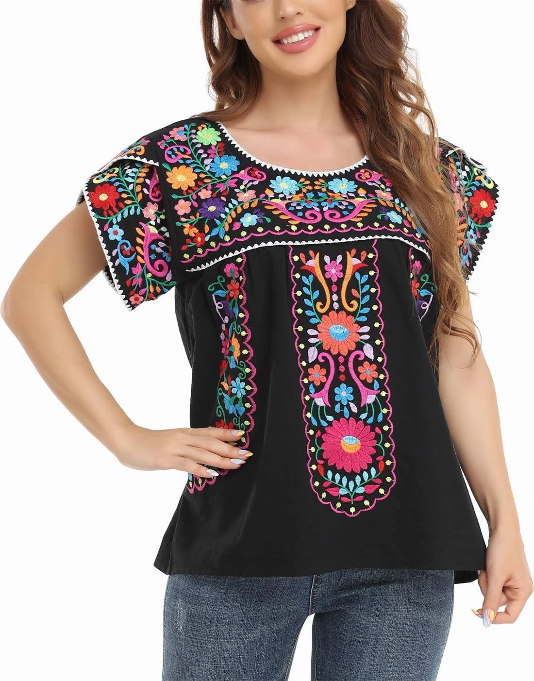 Mexican Shirts for Women Embroidered Tops Traditional Peasant Summer Tunic Blouse