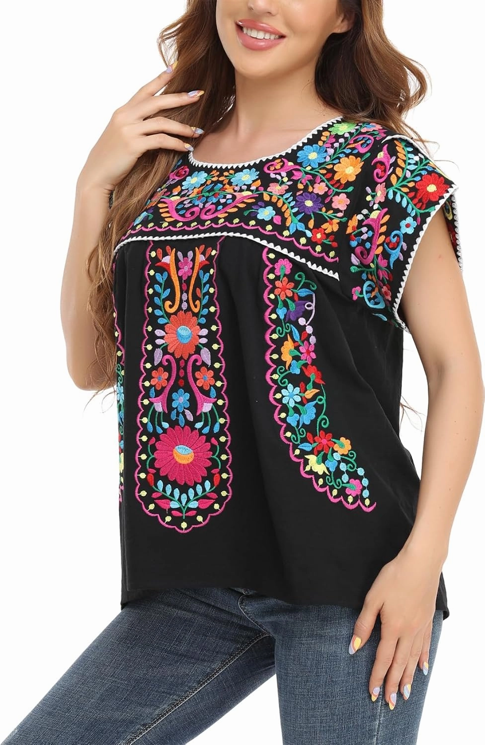 Mexican Shirts for Women Embroidered Tops Traditional Peasant Summer Tunic Blouse
