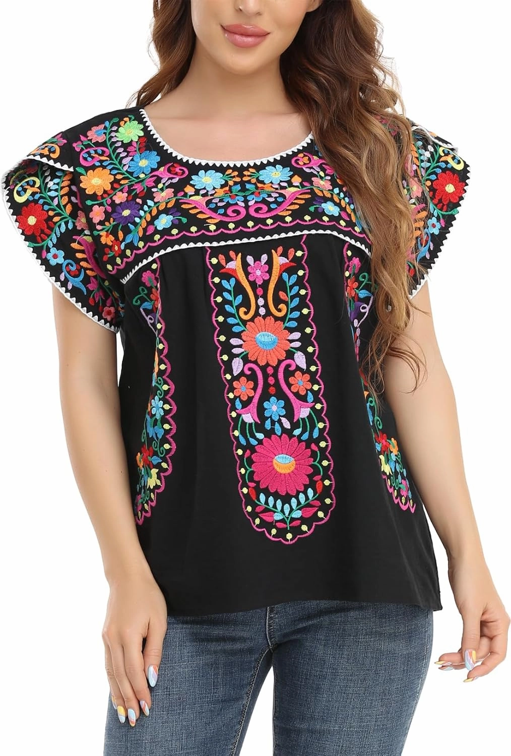 Mexican Shirts for Women Embroidered Tops Traditional Peasant Summer Tunic Blouse