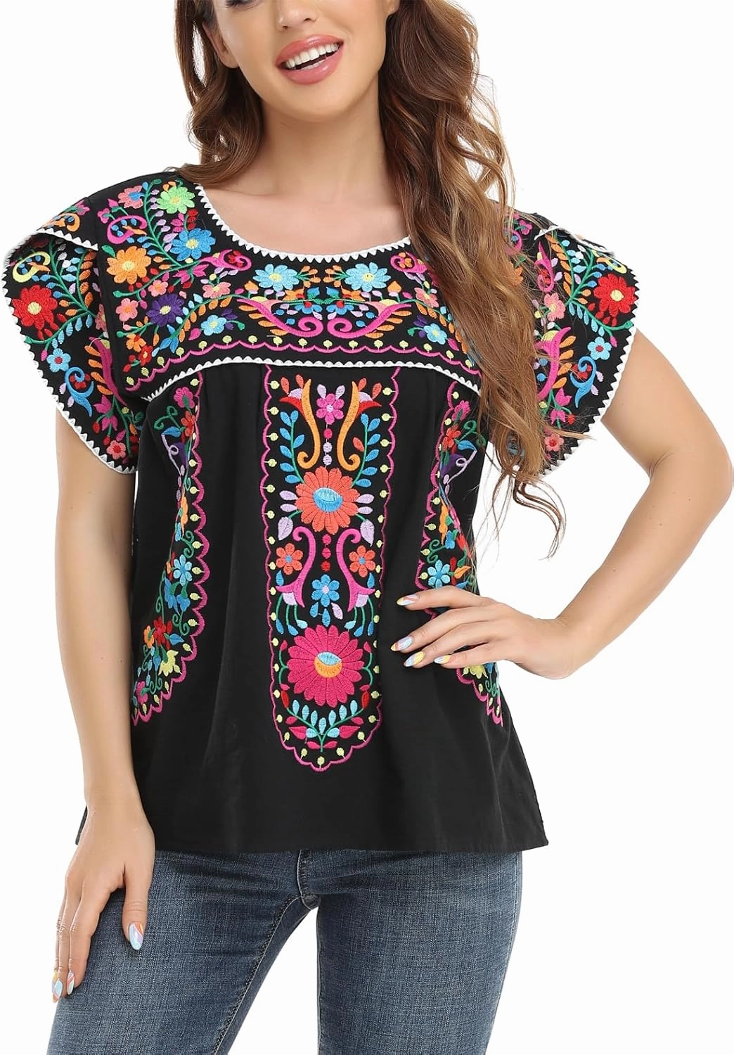 Mexican Shirts for Women Embroidered Tops Traditional Peasant Summer Tunic Blouse