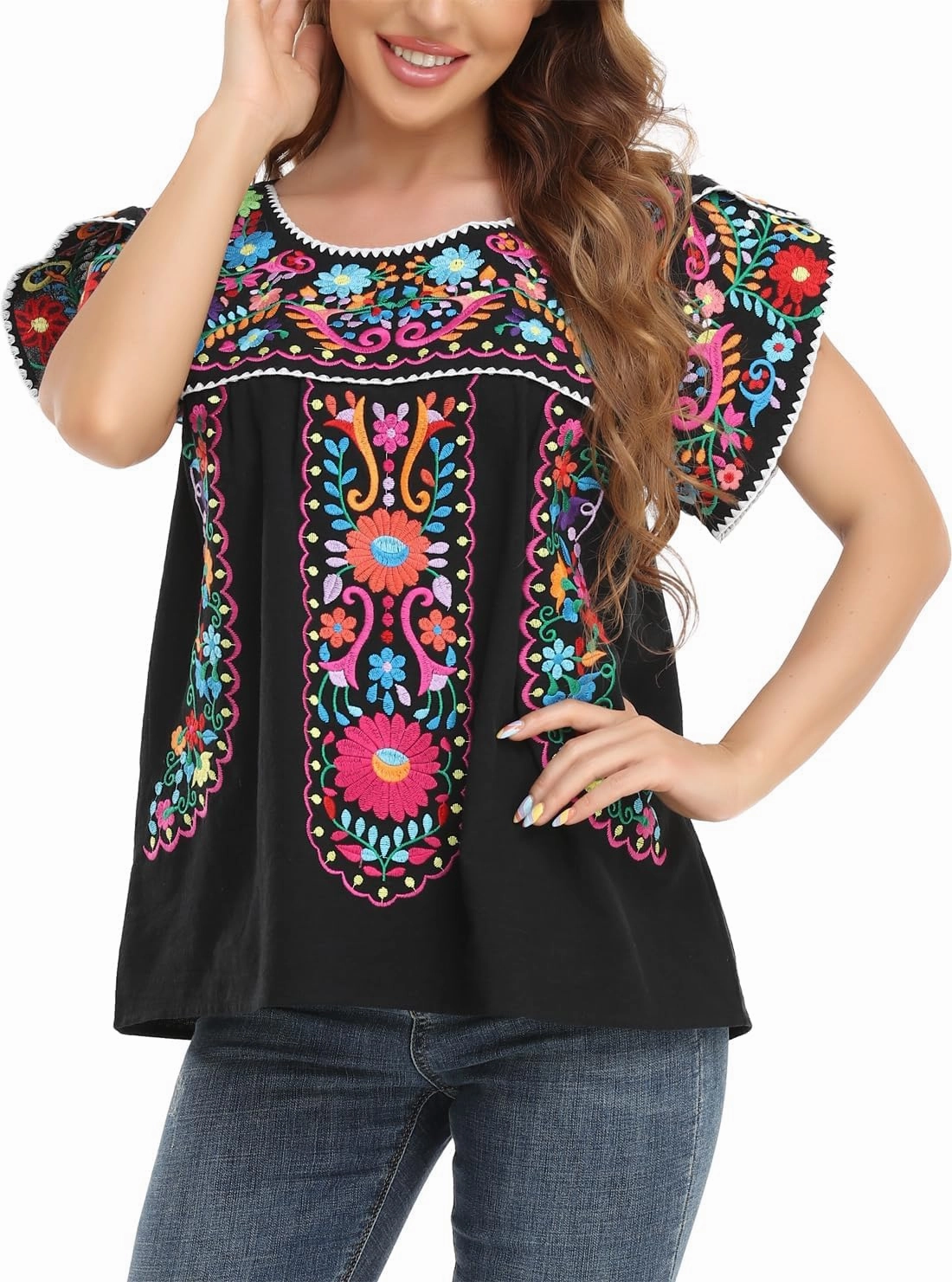 Mexican Shirts for Women Embroidered Tops Traditional Peasant Summer Tunic Blouse