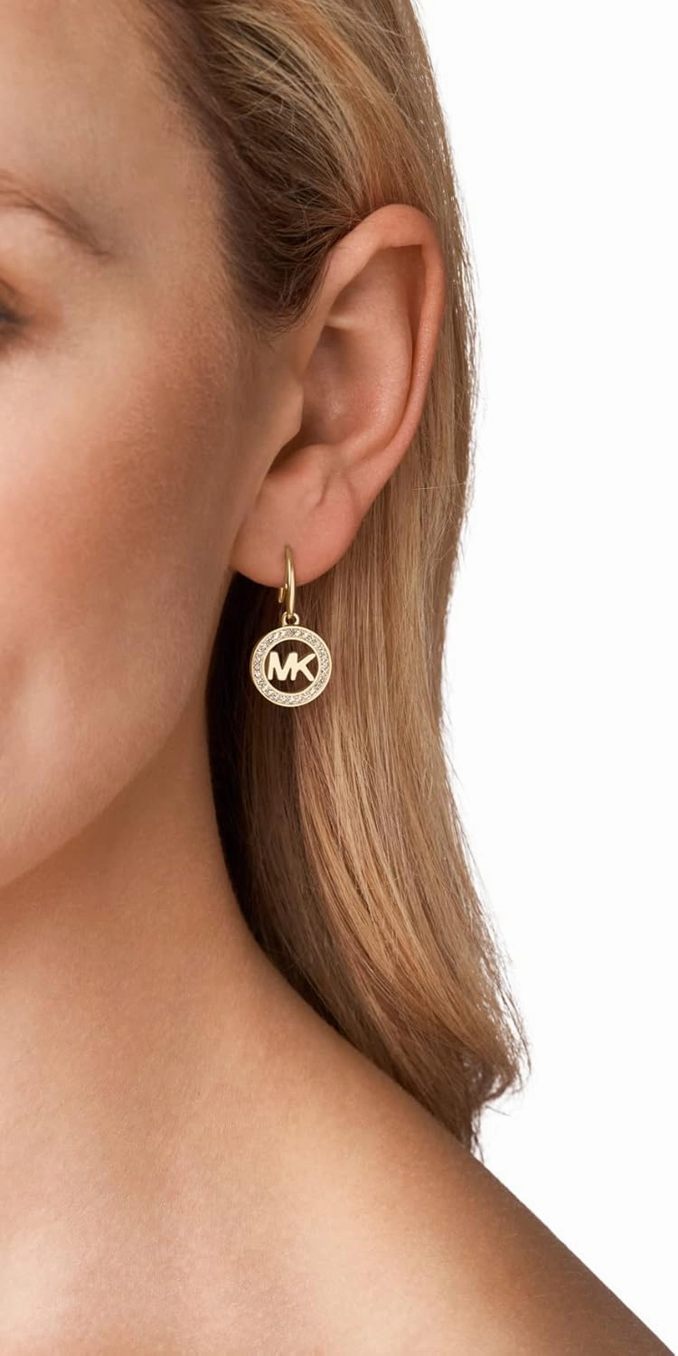 Michael Kors Brass and Pavé Crystal MK Logo Stud Earrings for Women