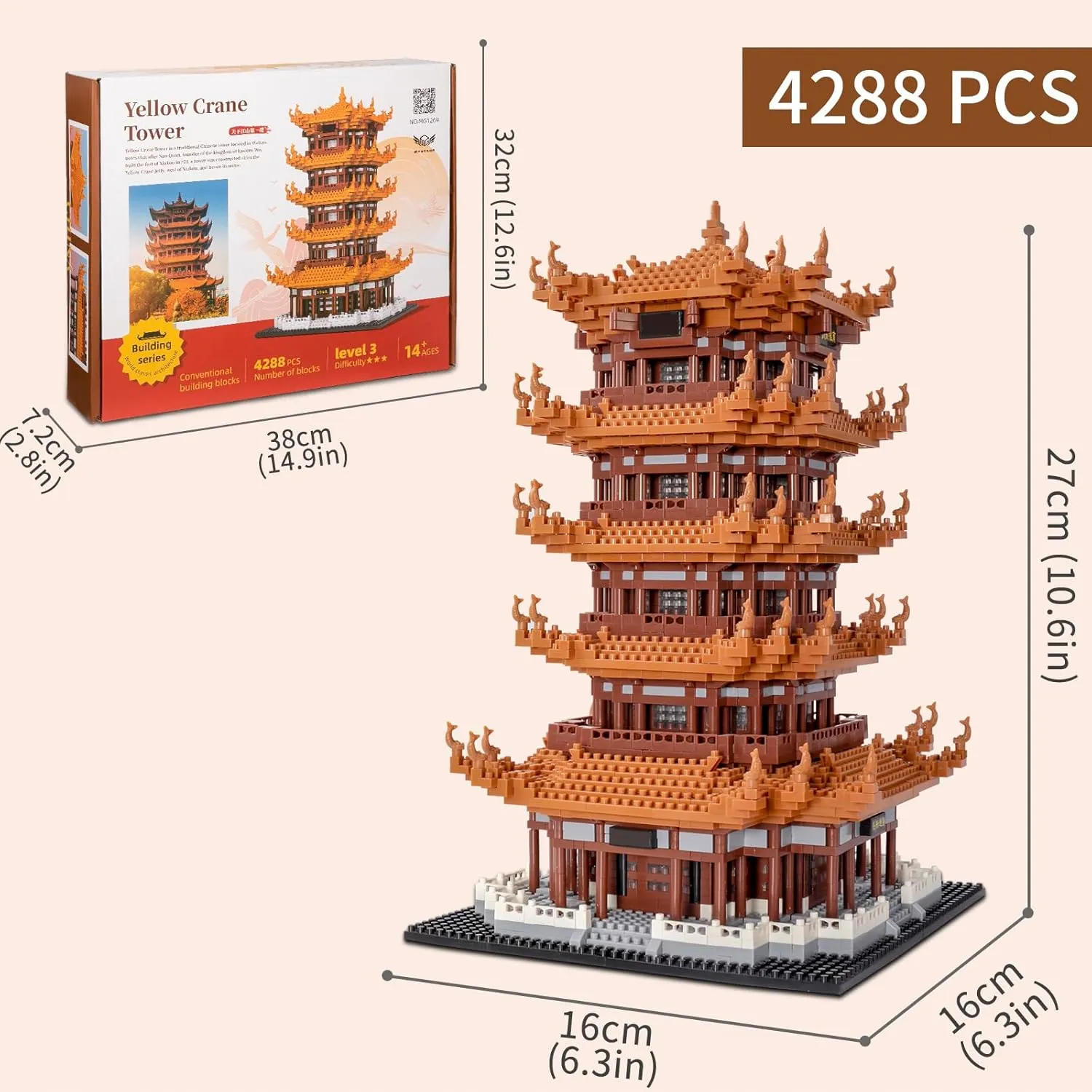 Micro, Mini Blocks Yellow Crane Tower Building Sets Building Bricks Architecture Model Kit 4288 Pcs Gift for Age 14  Kids Teens and Adults
