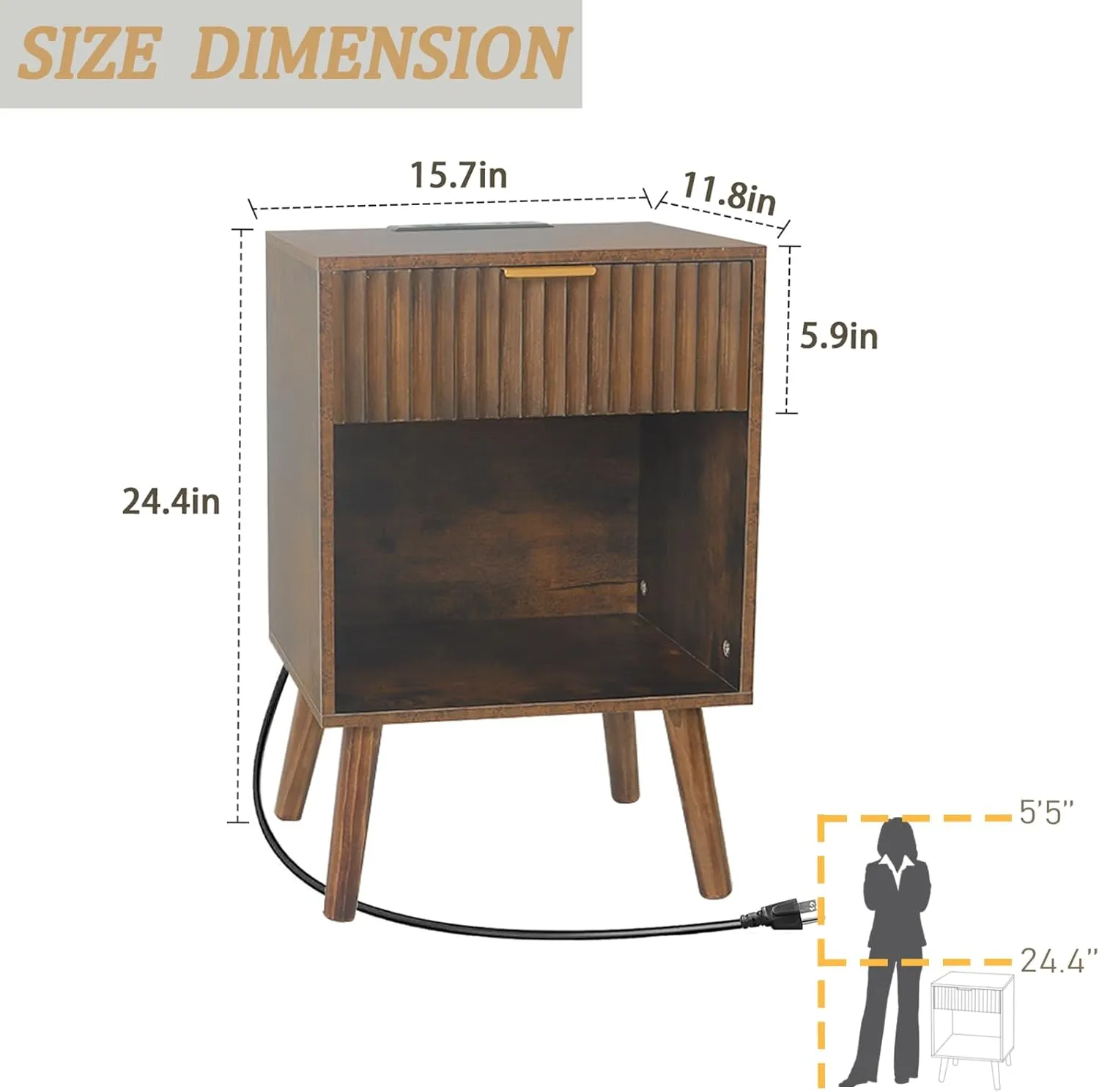 Mid Century Modern Nightstand with Charging Station, Modern Bedside Table with Fluted Drawer and Storage Shelf, End Side Tables Living Room for Bedroom, Office (Rustic Brwon)