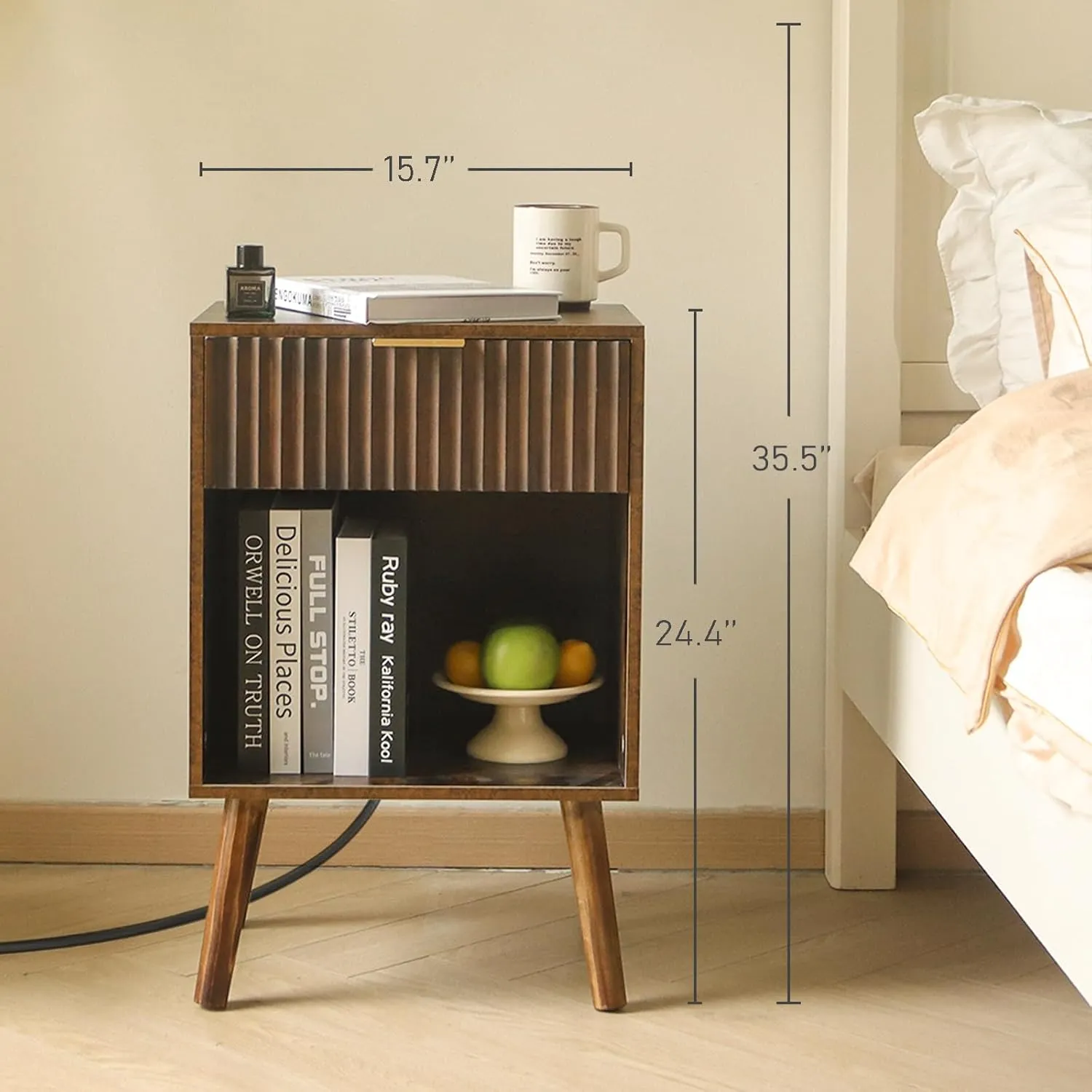 Mid Century Modern Nightstand with Charging Station, Modern Bedside Table with Fluted Drawer and Storage Shelf, End Side Tables Living Room for Bedroom, Office (Rustic Brwon)