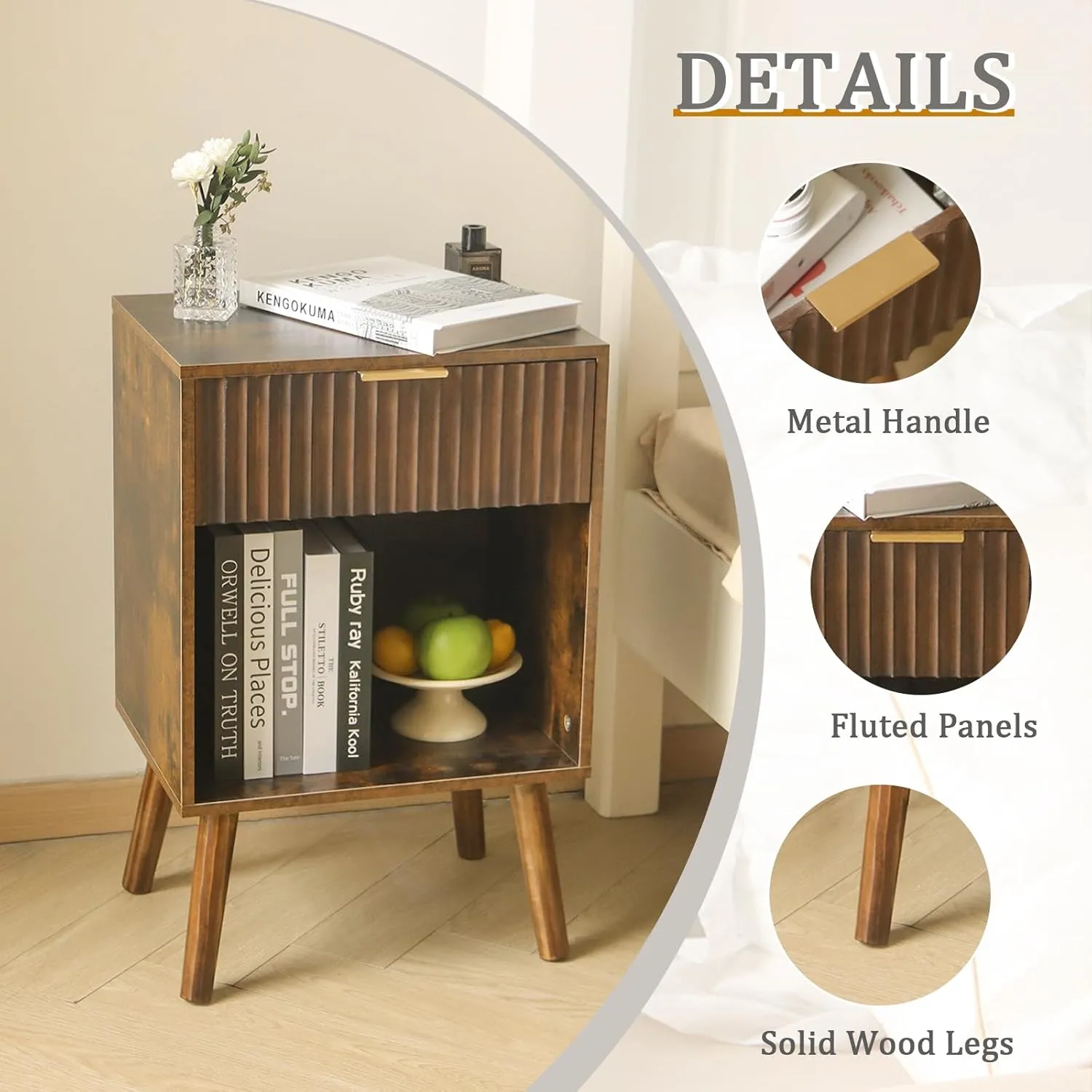 Mid Century Modern Nightstand with Charging Station, Modern Bedside Table with Fluted Drawer and Storage Shelf, End Side Tables Living Room for Bedroom, Office (Rustic Brwon)